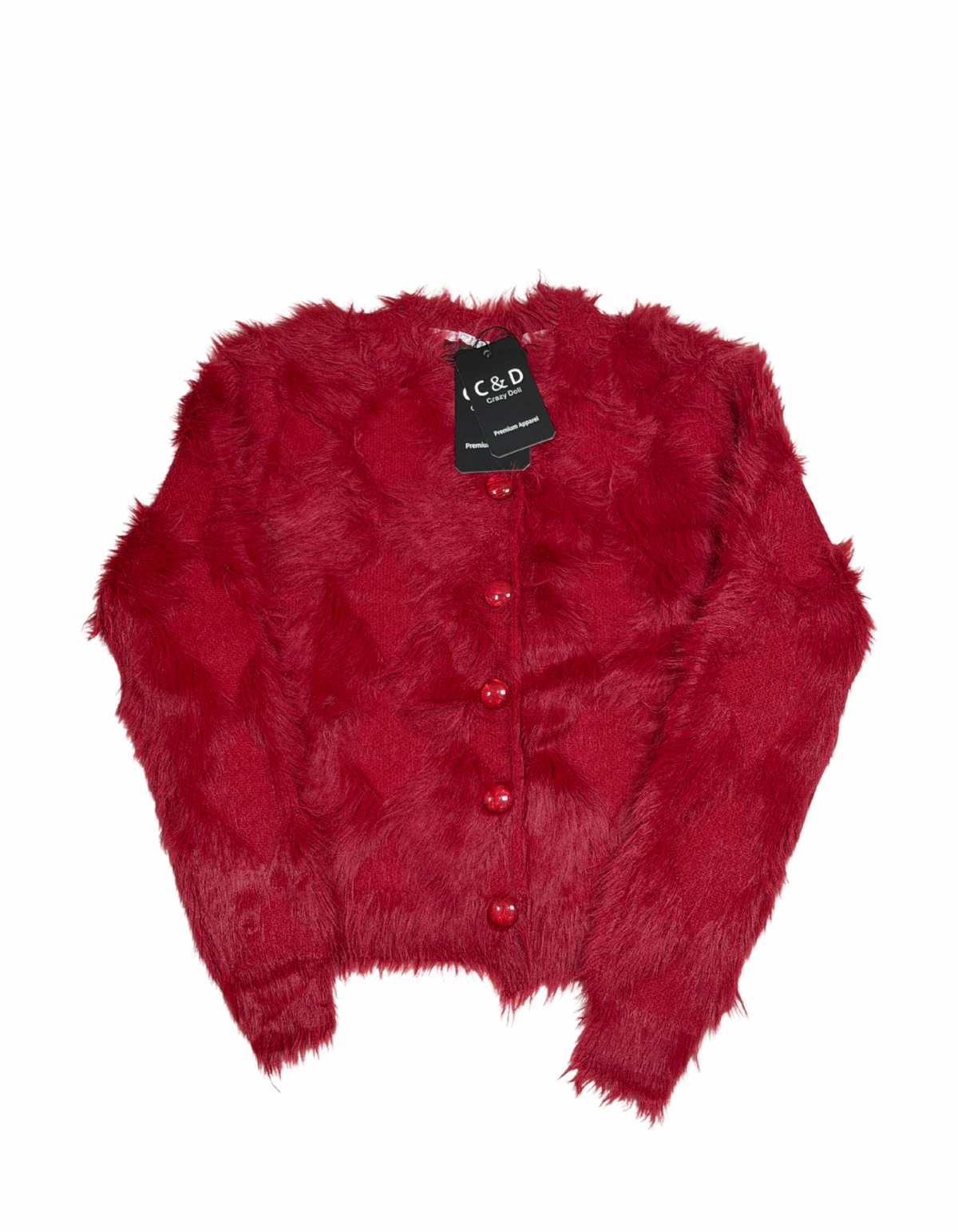 Cozy&Drape extra short red faux fur cardigan sweater with button-up front and long sleeves