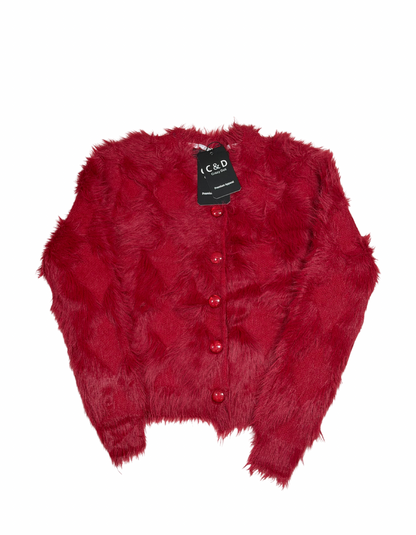 Cozy&Drape extra short red faux fur cardigan sweater with button-up front and long sleeves