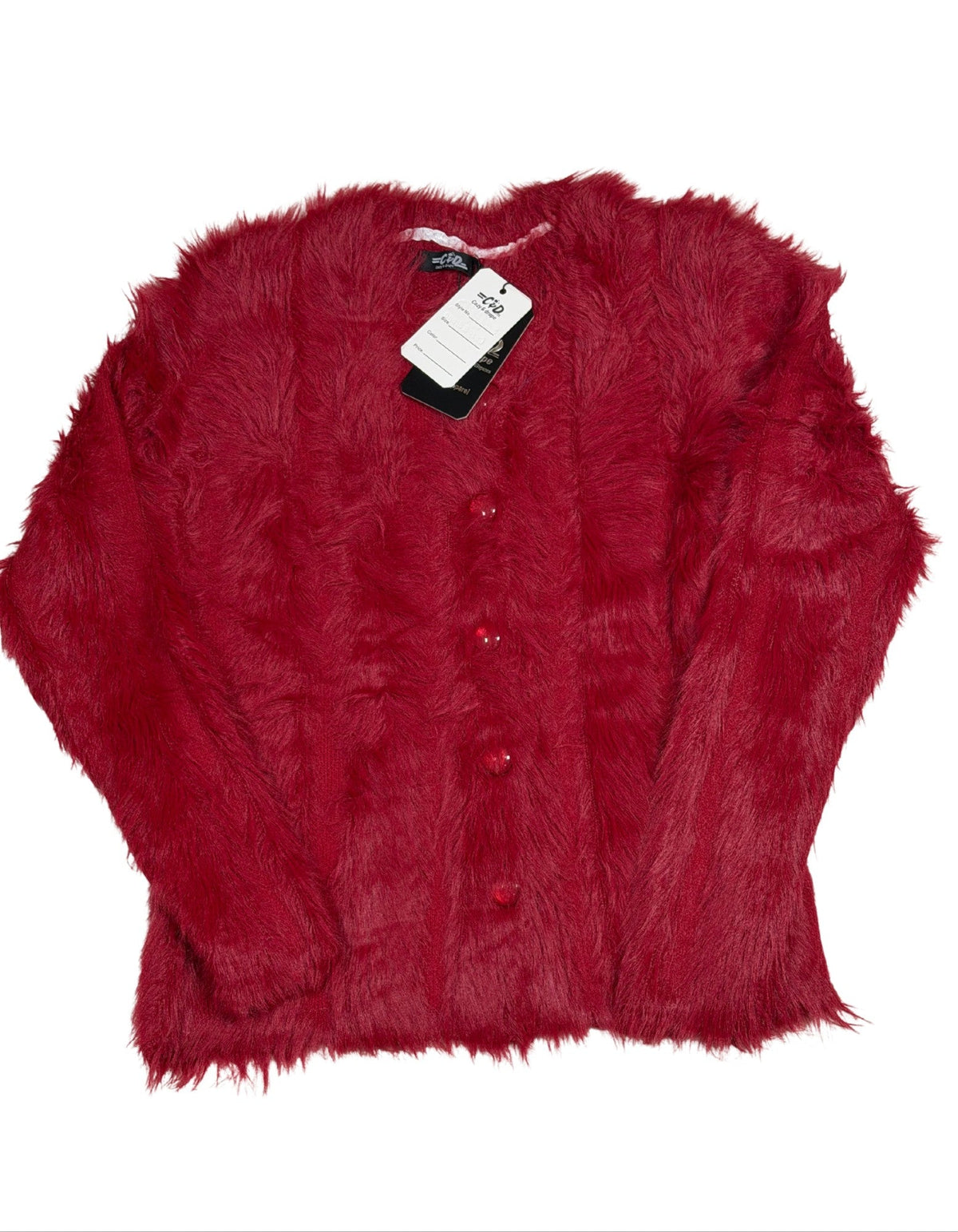 Cozy&Drape red long-sleeve fur cardigan sweater with front button closure and textured fuzzy fabric