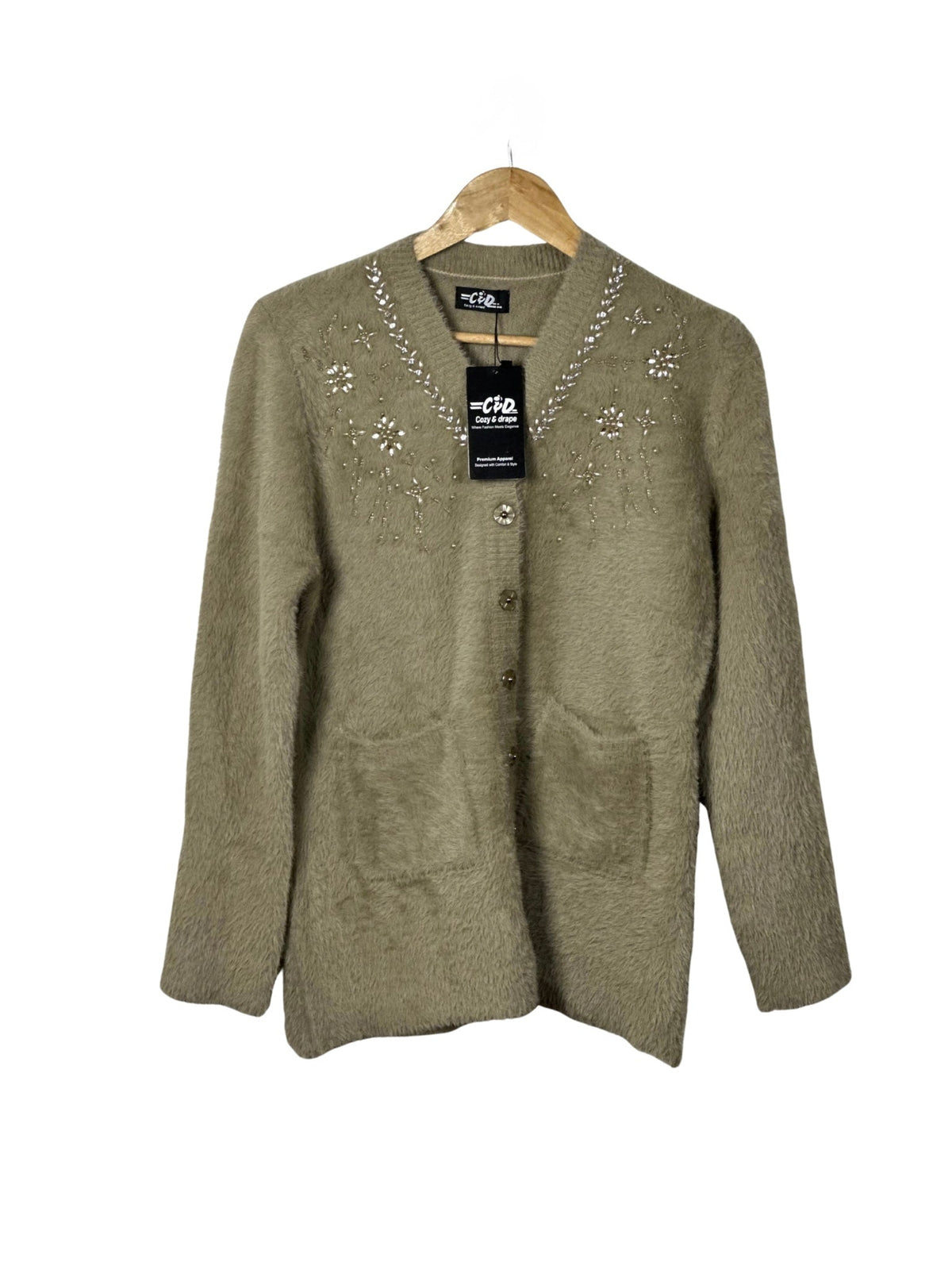 Cozy&Drape sage green fuzzy knit cardigan with front pockets and delicate floral beadwork on the neckline