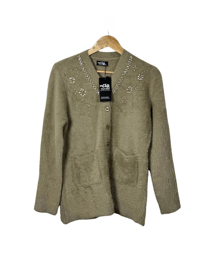 Cozy&Drape sage green fuzzy knit cardigan with front pockets and delicate floral beadwork on the neckline