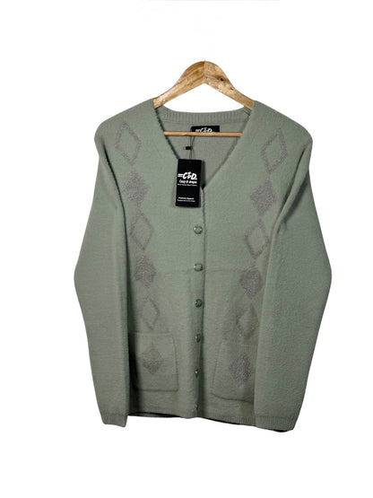 Cozy&Drape sage green full sleeve cardigan sweater with diamond pattern, front buttons, and two pockets on a hanger