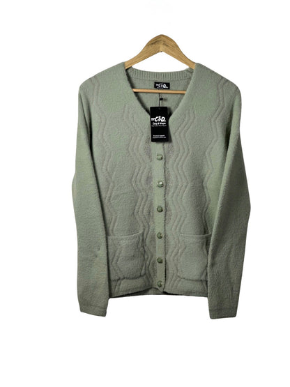 Cozy&Drape sage green button-up cardigan sweater with textured wavy pattern, front pockets, and long sleeves.