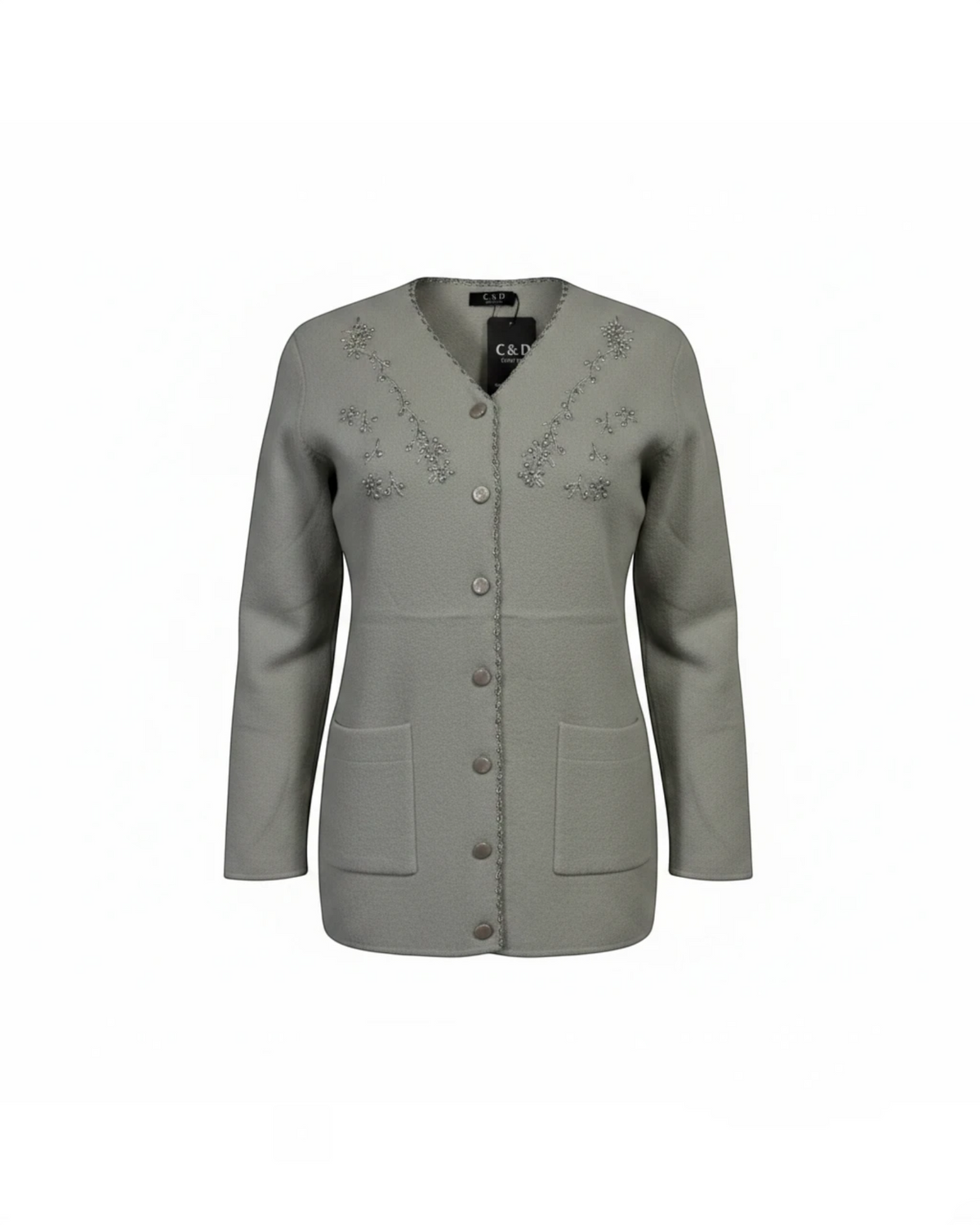Cozy&Drape sage green knit cardigan with V-neck, button-down front, floral embroidery, and two front pockets.