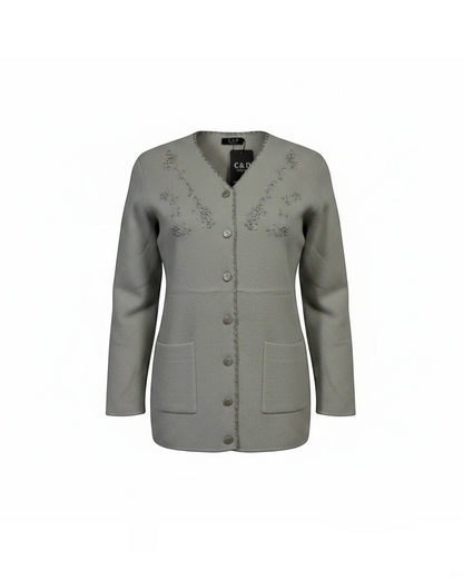 Cozy&Drape sage green knit cardigan with V-neck, button-down front, floral embroidery, and two front pockets.