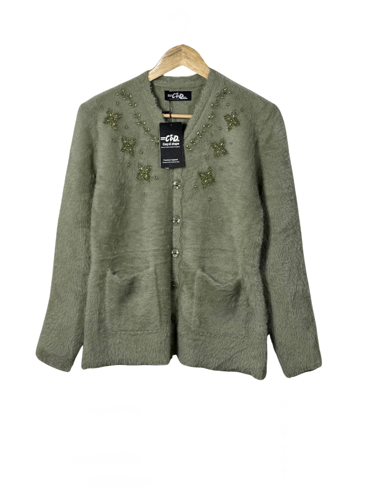 Cozy&Drape sage green fuzzy knit cardigan sweater with beaded floral embroidery, front pockets, and button closure.