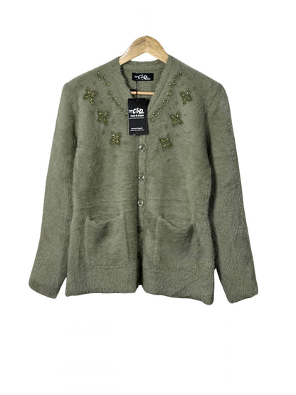 Cozy&Drape sage green fuzzy knit cardigan sweater with beaded floral embroidery, front pockets, and button closure.