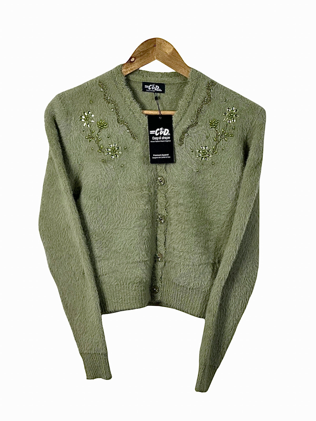 Cozy&Drape sage green fuzzy extra short cardigan with delicate floral beadwork embroidery on the neckline