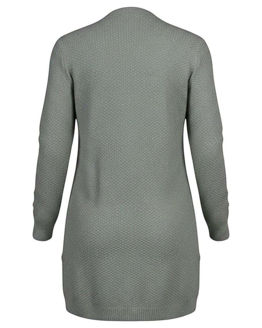 Cozy&Drape long button down knit cardigan in sage green with textured cable knit pattern and ribbed hem