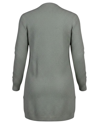 Cozy&Drape long button down knit cardigan in sage green with textured cable knit pattern and ribbed hem