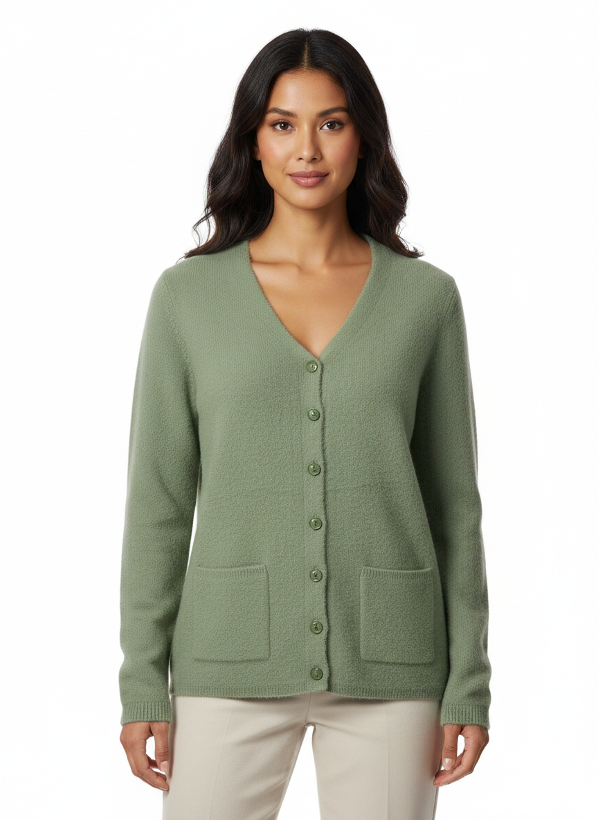 Model wearing a sage green Cozy&Drape button-up knit cardigan with a V-neckline and two front pockets.