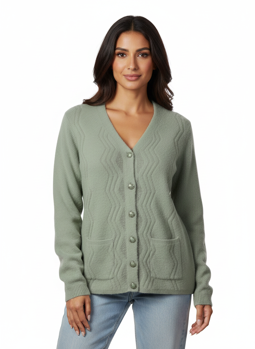 A model wearing a sage green Cozy&Drape button-front knit cardigan with a V-neck and textured wave pattern.