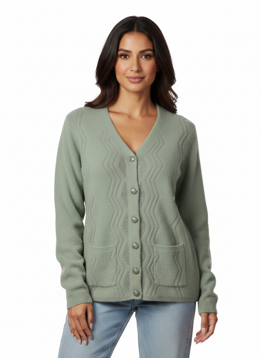 A model wearing a sage green Cozy&Drape button-front knit cardigan with a V-neck and textured wave pattern.