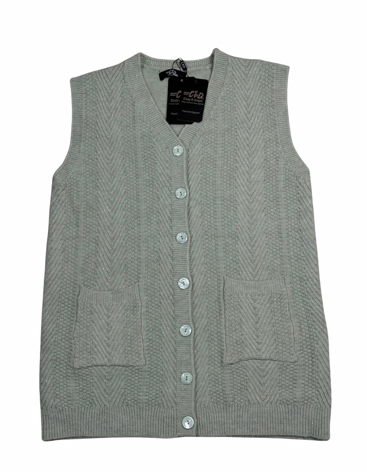Cozy&Drape sleeveless wool cardigan sweater in sage green with a V-neck, button-up front, and two patch pockets.