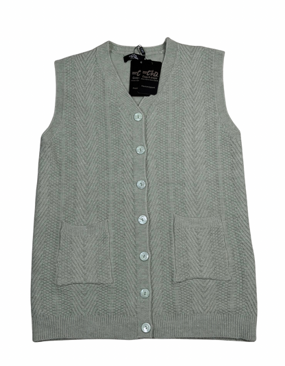 Cozy&Drape sleeveless wool cardigan sweater in sage green with a V-neck, button-up front, and two patch pockets.