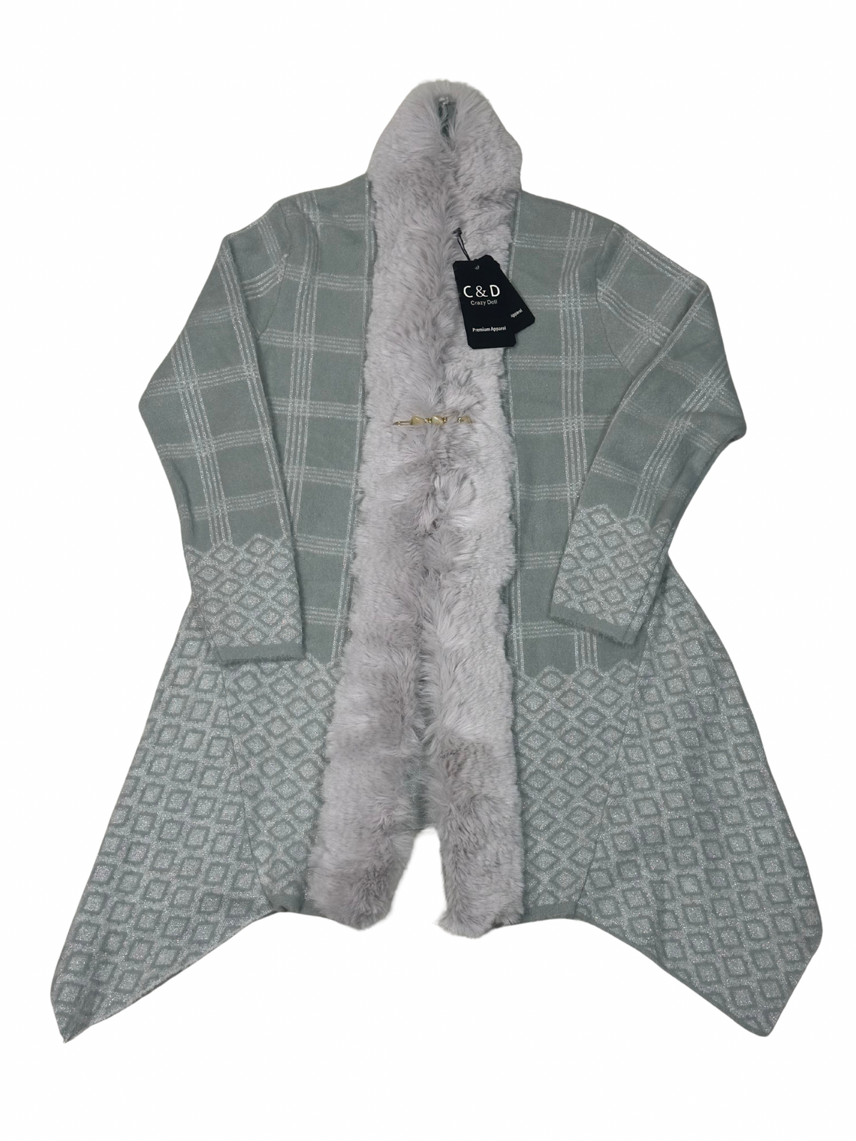 Cozy&Drape sage green wool cardigan shrug with faux fur trim, plaid pattern, and attached muffler for winter layering
