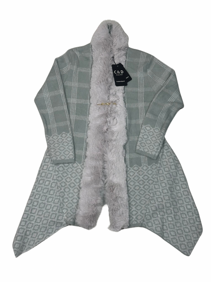 Cozy&Drape sage green wool cardigan shrug with faux fur trim, plaid pattern, and attached muffler for winter layering