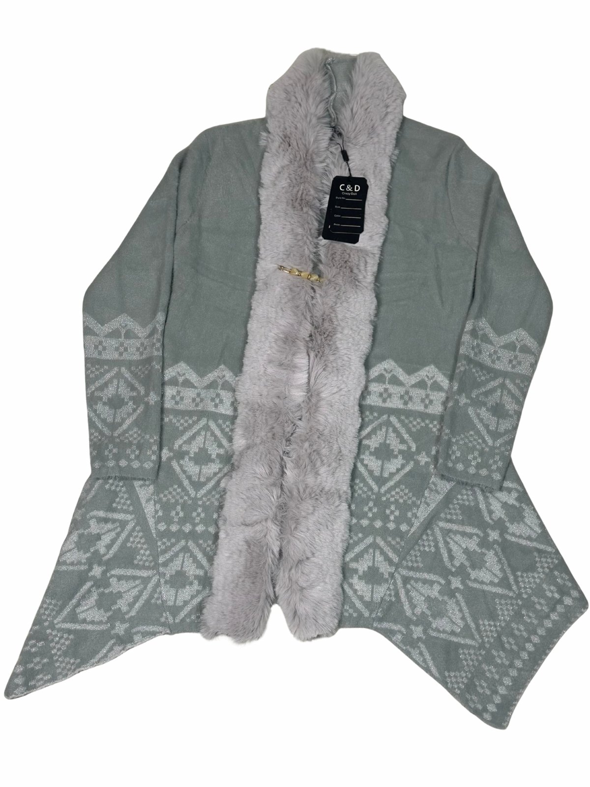 Cozy&Drape sage green wool cardigan shrug with patterned knit details and a soft faux fur muffler collar
