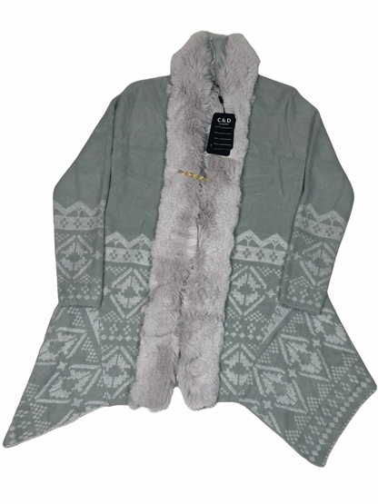 Cozy&Drape sage green wool cardigan shrug with patterned knit details and a soft faux fur muffler collar