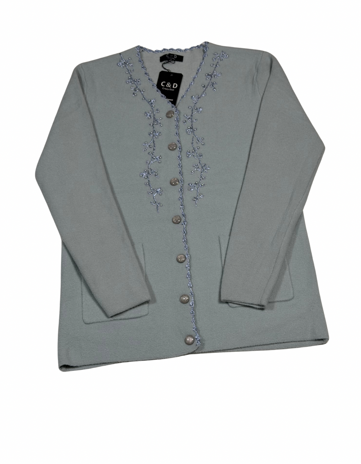 Cozy&Drape sage green wool cardigan with delicate floral embroidery, button-front closure, and two front pockets.