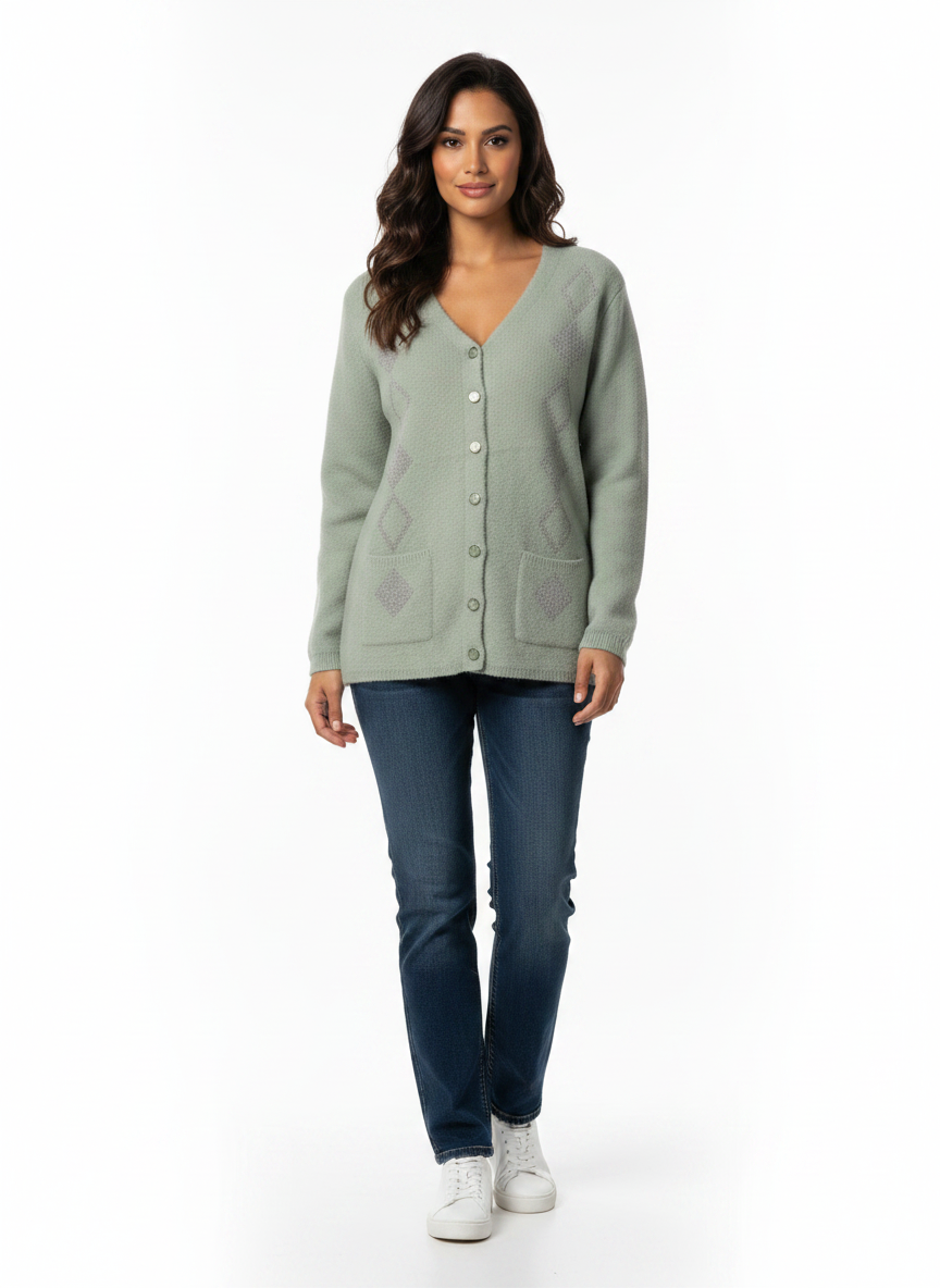 Model wearing a sage green Cozy&Drape button-up knit cardigan with diamond patterns, front pockets, and V-neckline.