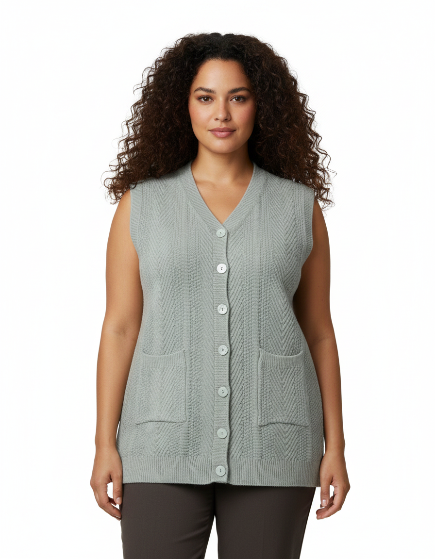 Model wearing a Cozy&Drape sage green sleeveless button-up knit cardigan with a V-neck and front patch pockets.
