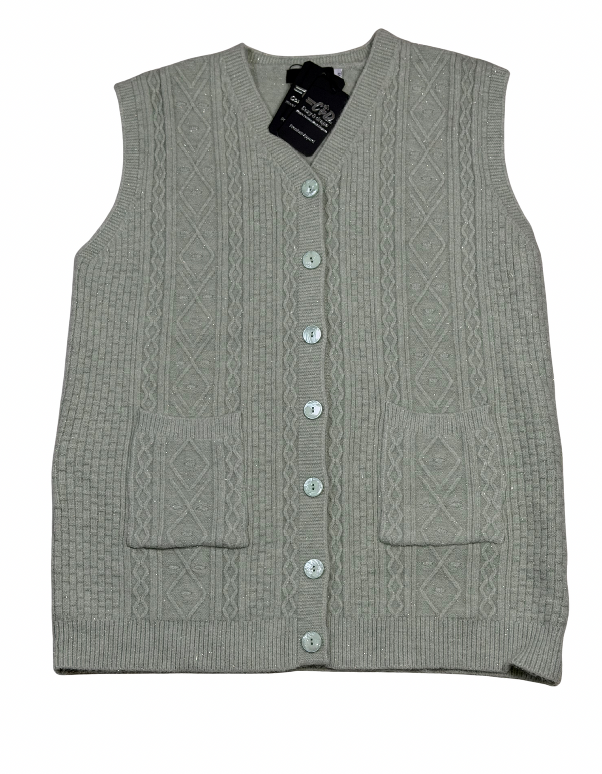 Cozy&Drape sage green sleeveless wool cardigan sweater with cable knit pattern, button front, and two front pockets.