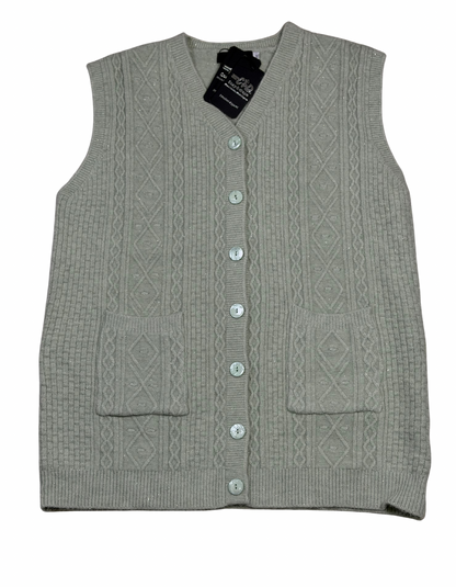 Cozy&Drape sage green sleeveless wool cardigan sweater with cable knit pattern, button front, and two front pockets.