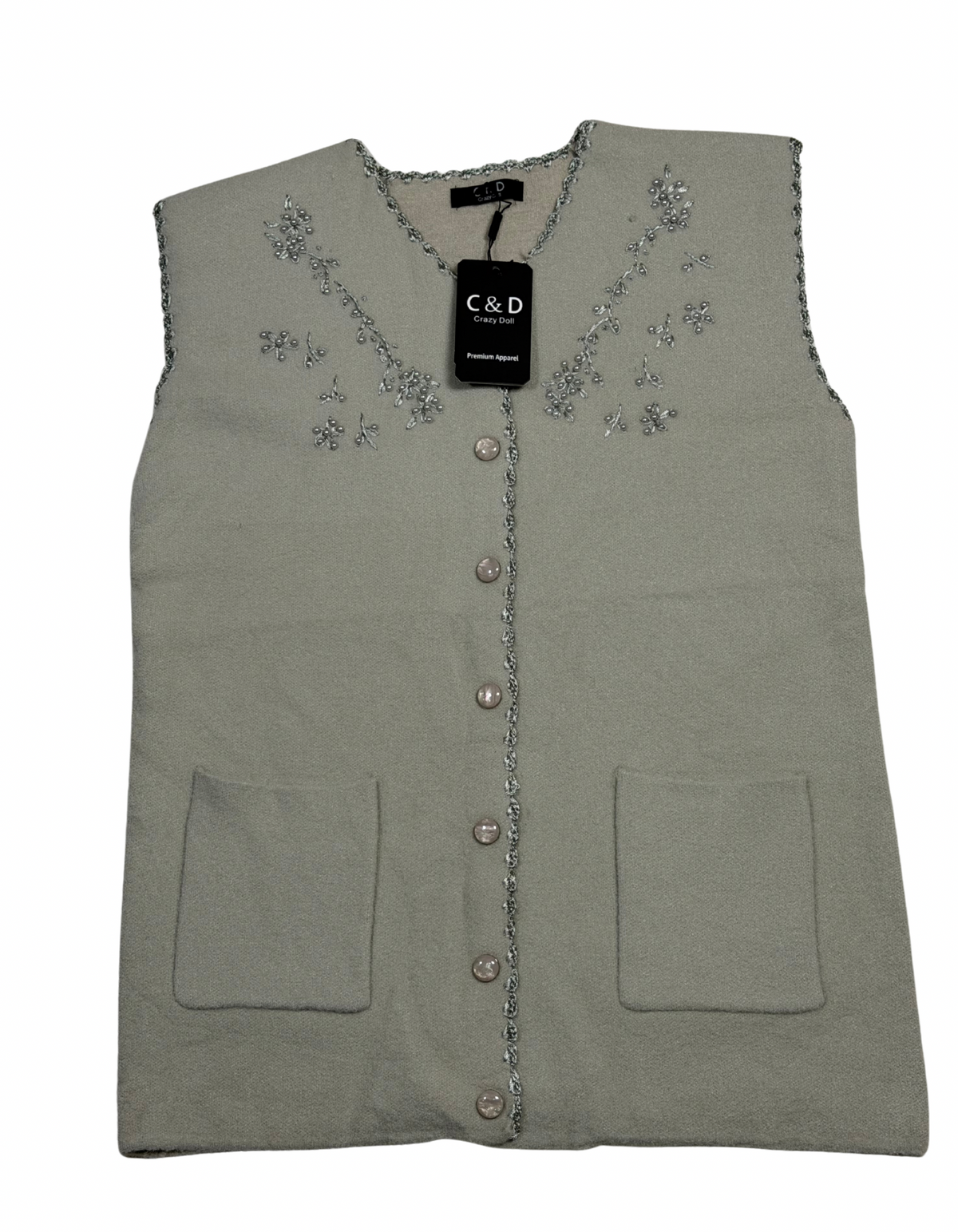 Cozy&Drape sleeveless wool cardigan in sage green with front pockets and delicate floral beadwork embroidery