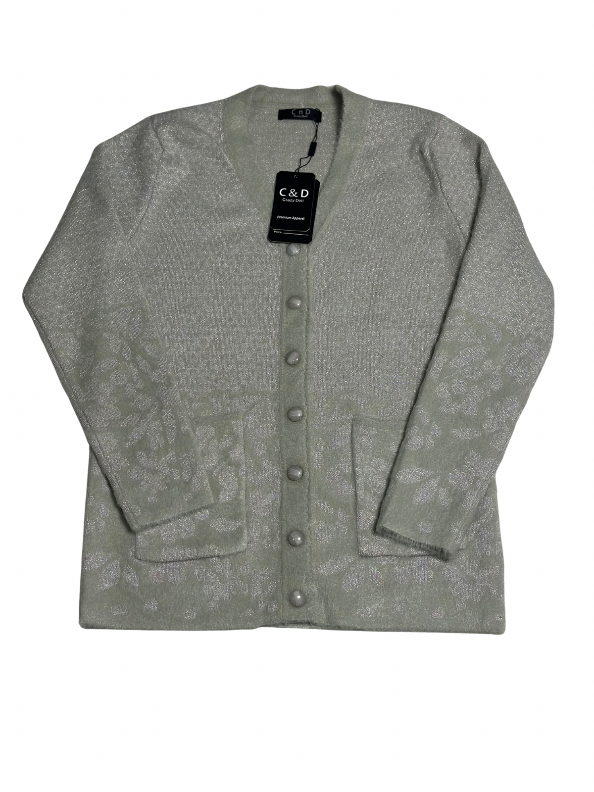 Cozy&Drape silver grey wool cardigan sweater with front pockets, button closure, and subtle floral pattern detail.