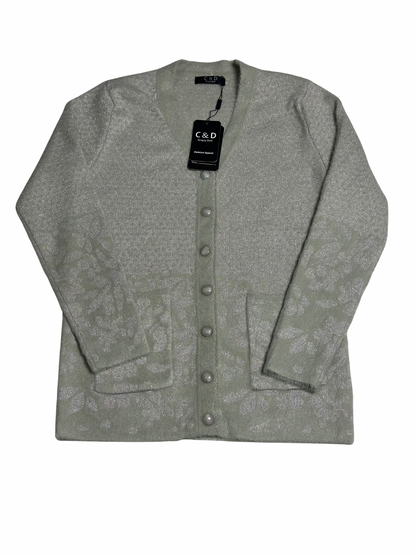 Cozy&Drape silver grey wool cardigan sweater with front pockets, button closure, and subtle floral pattern detail.