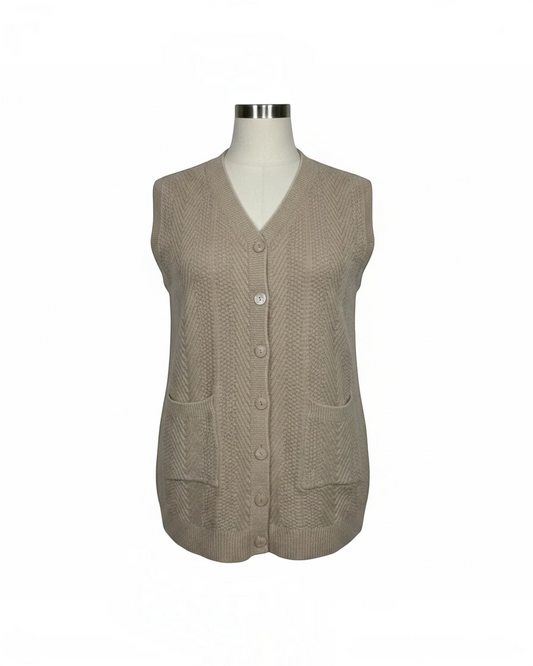 Cozy&Drape sleeveless beige knit cardigan vest with a V-neck, button-front closure, and two front patch pockets.