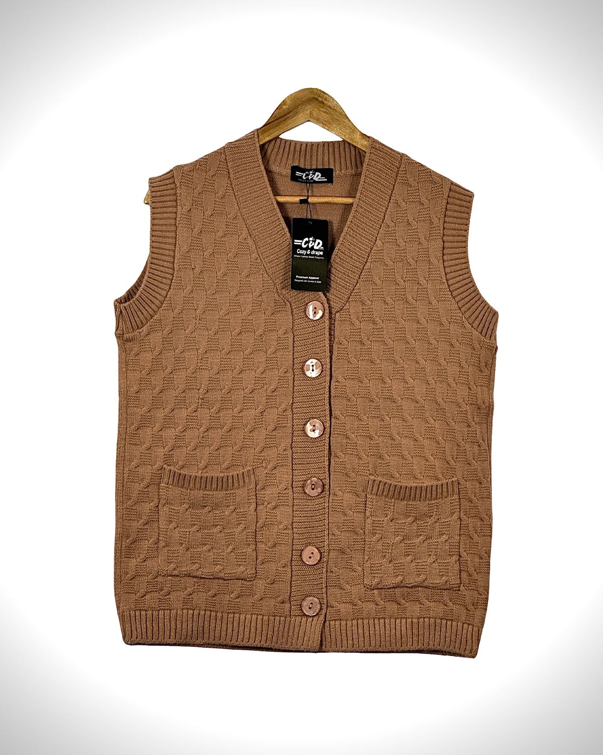 Cozy&Drape sleeveless brown knit cardigan sweater with a V-neck, button front, and two front pockets.