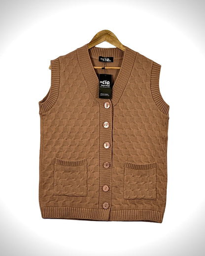 Cozy&Drape sleeveless brown knit cardigan sweater with a V-neck, button front, and two front pockets.