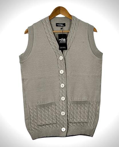 Cozy&Drape sleeveless cardigan sweater in light grey with a button-up front, V-neck, and cable knit pocket details.