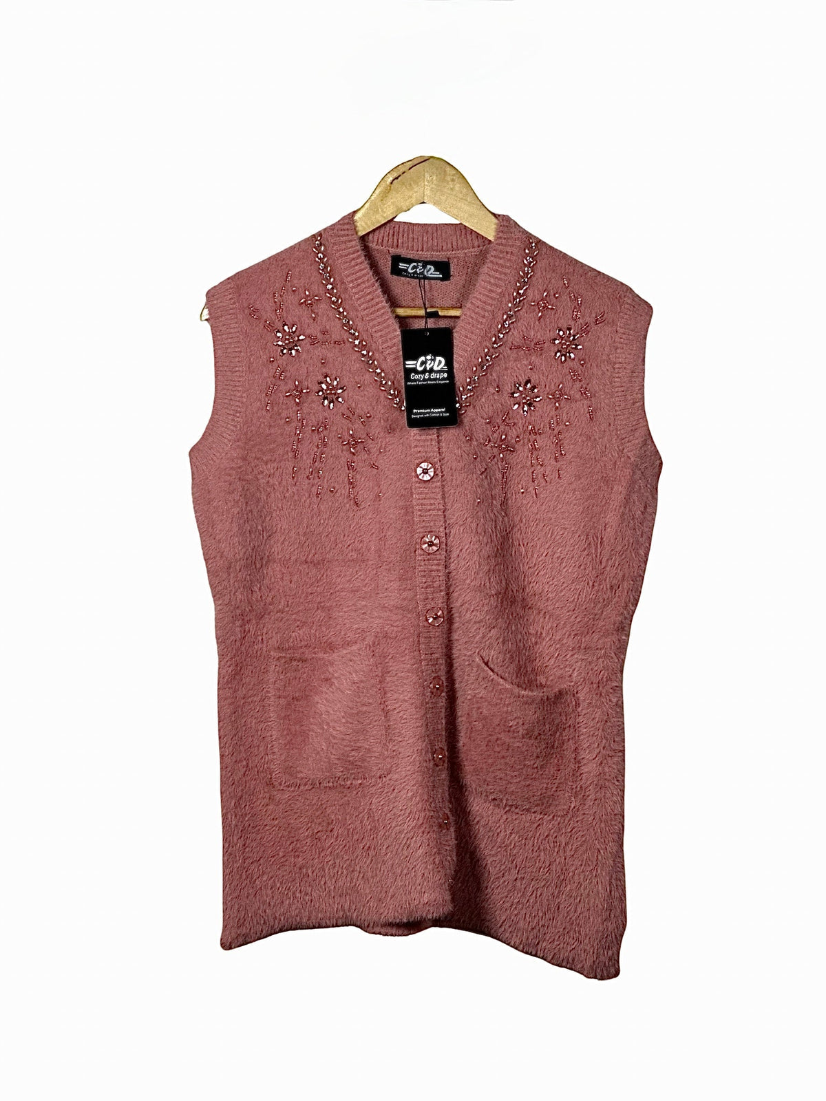 Cozy&Drape sleeveless knit cardigan in dusty rose with V-neck, shimmering beadwork, and two front pockets.