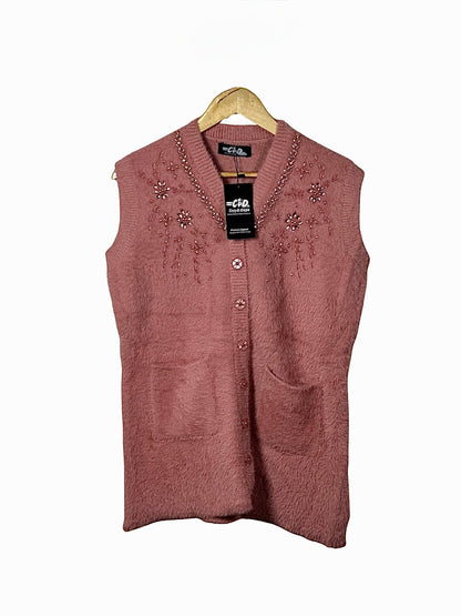 Cozy&Drape sleeveless knit cardigan in dusty rose with V-neck, shimmering beadwork, and two front pockets.
