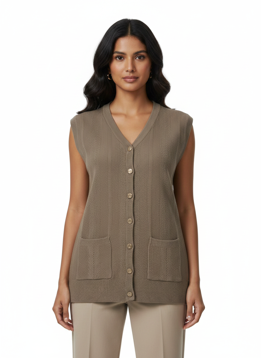 Model wearing a Cozy&Drape sleeveless taupe knit cardigan with a V-neck, button front, and two front patch pockets.