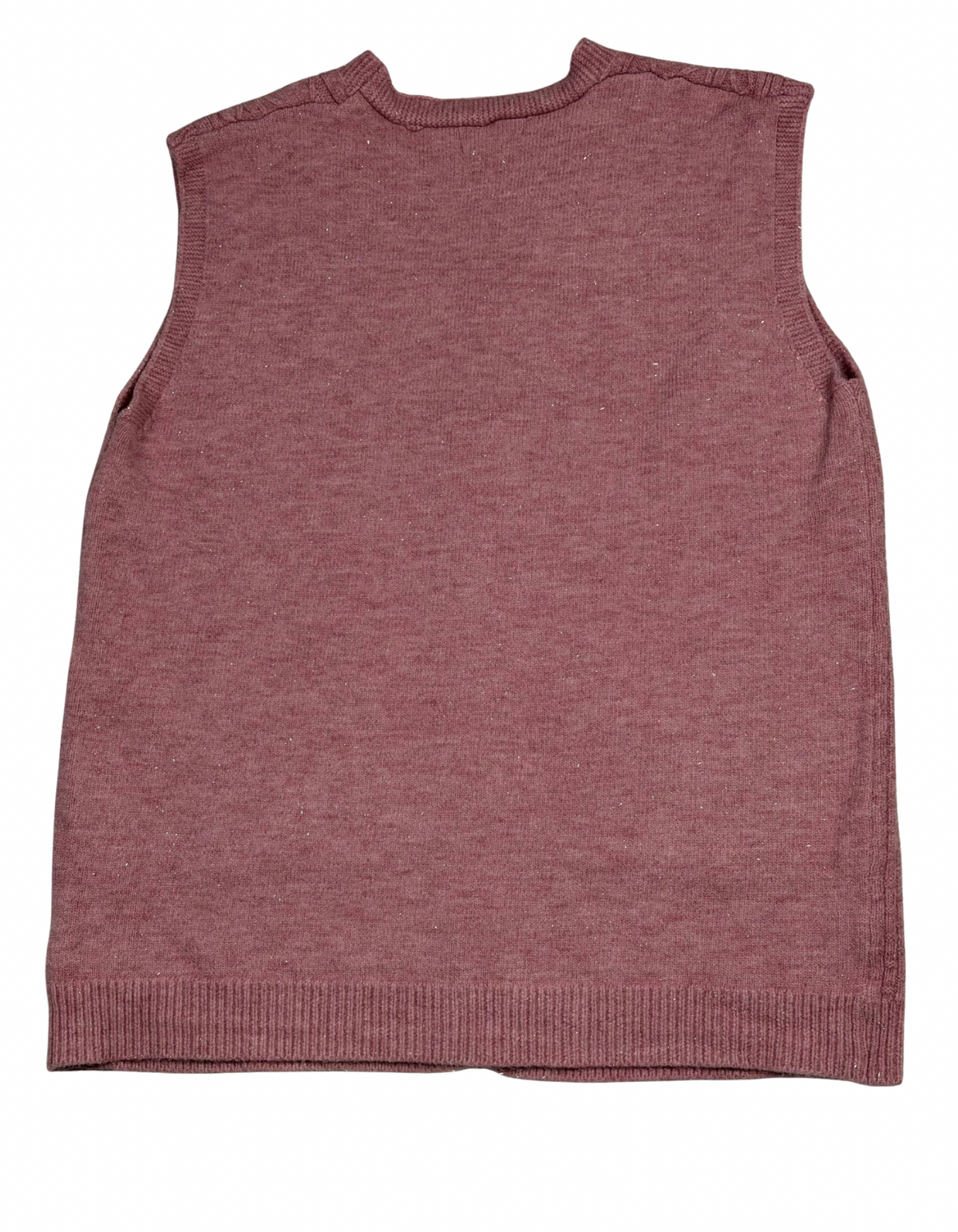 Cozy&Drape sleeveless wool cardigan sweater in a dusty mauve knit with a ribbed hem and crew neckline