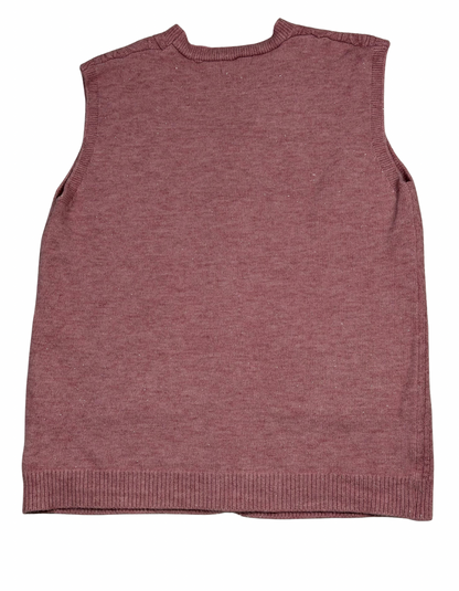 Cozy&Drape sleeveless wool cardigan sweater in a dusty mauve knit with a ribbed hem and crew neckline
