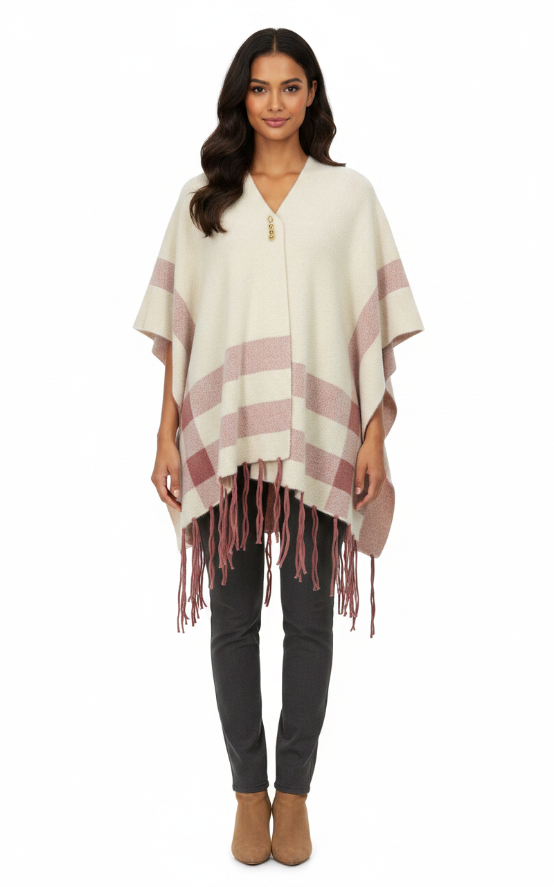 Cozy&Drape cream and dusty rose striped cape shawl with fringe hem worn by a woman against a white background