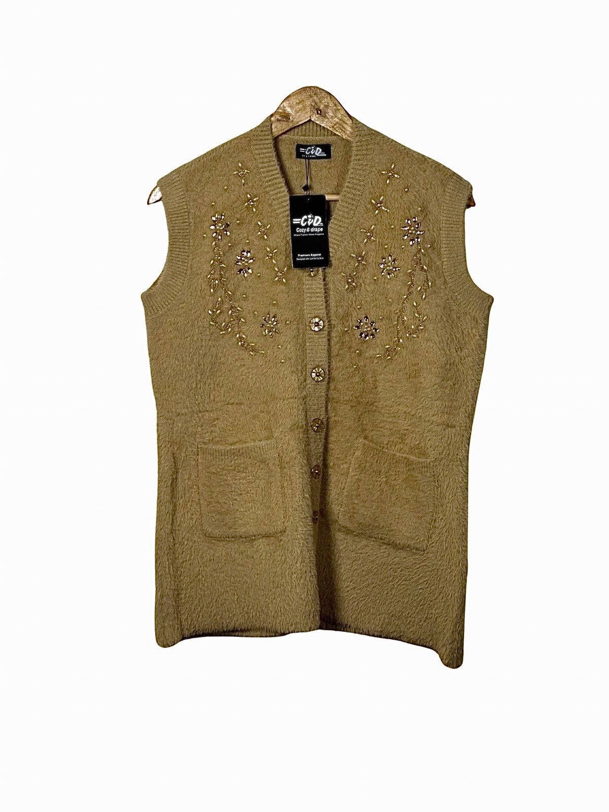 Cozy&Drape sleeveless cardigan sweater in tan with front pockets and intricate floral beadwork on the chest