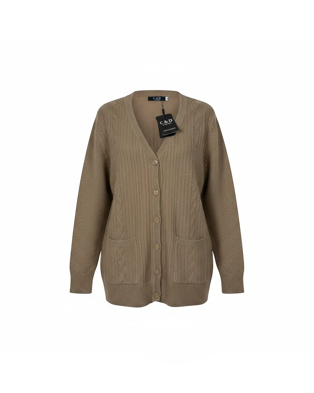 Cozy&Drape tan cable knit cardigan with V-neck, button-up front, and two front pockets in soft knit fabric.