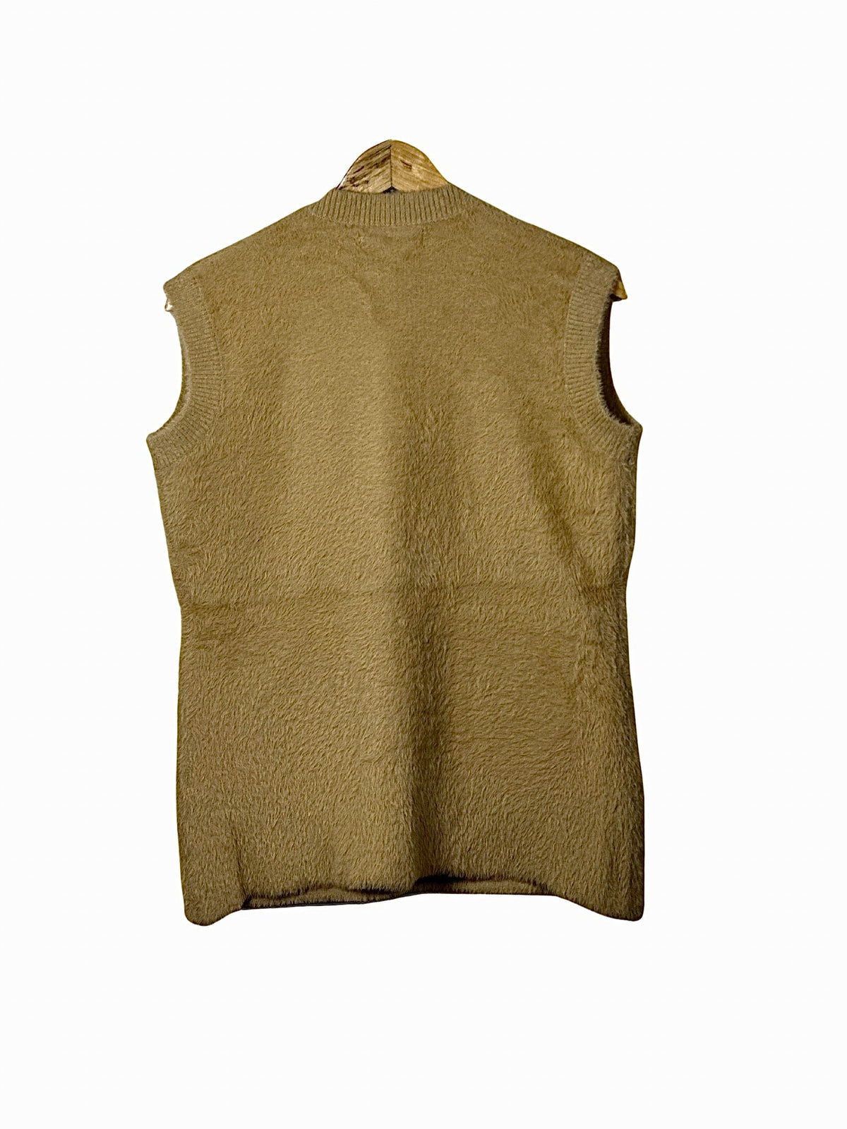 Back view of a Cozy&Drape sleeveless fuzzy knit cardigan vest in a muted tan color on a wooden hanger.