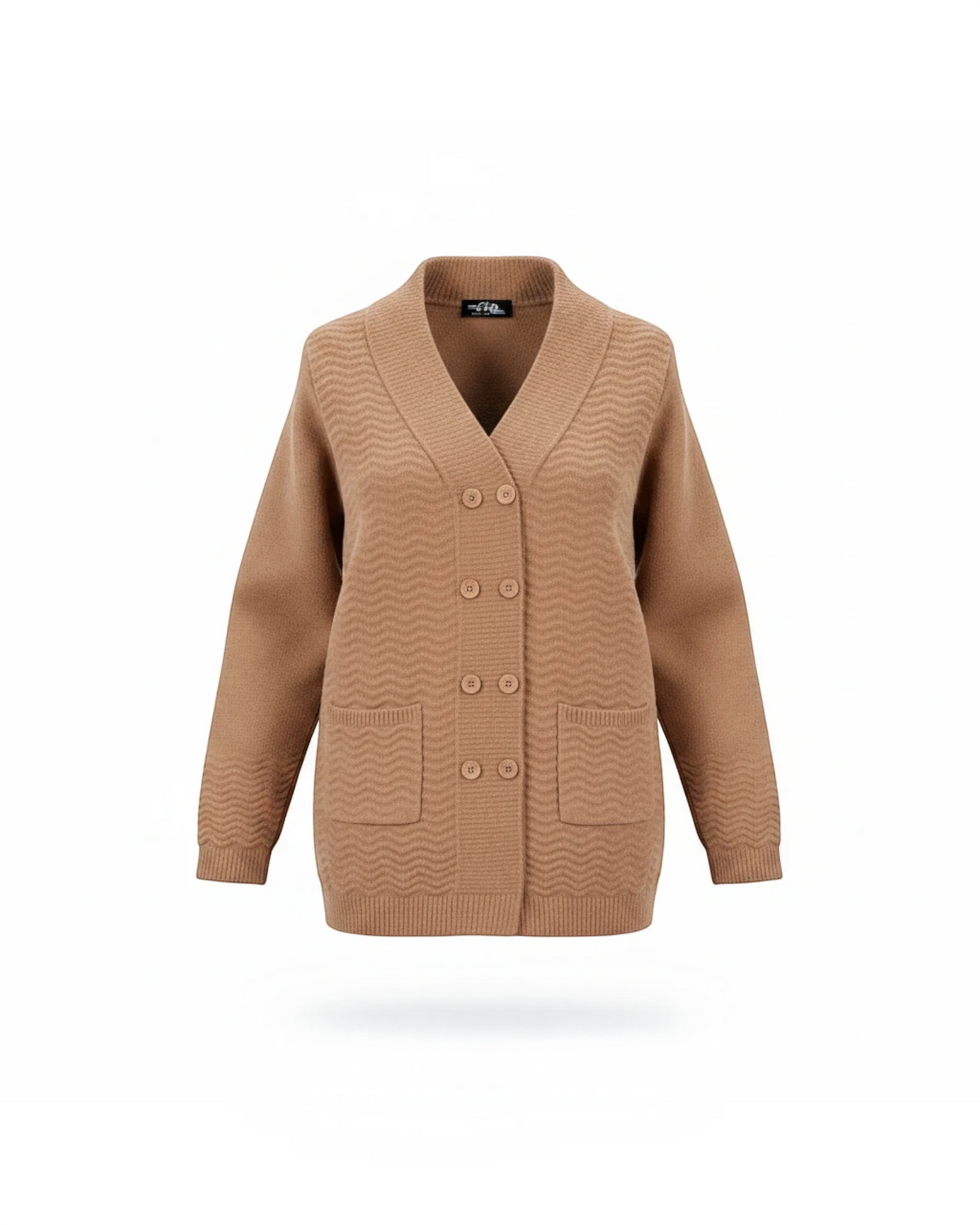 Cozy&Drape tan knit cardigan with a V-neck, double-breasted button front, wavy texture, and two front pockets.