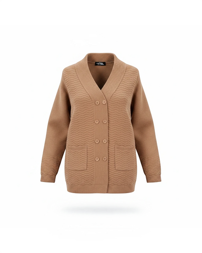 Cozy&Drape tan knit cardigan with a V-neck, double-breasted button front, wavy texture, and two front pockets.