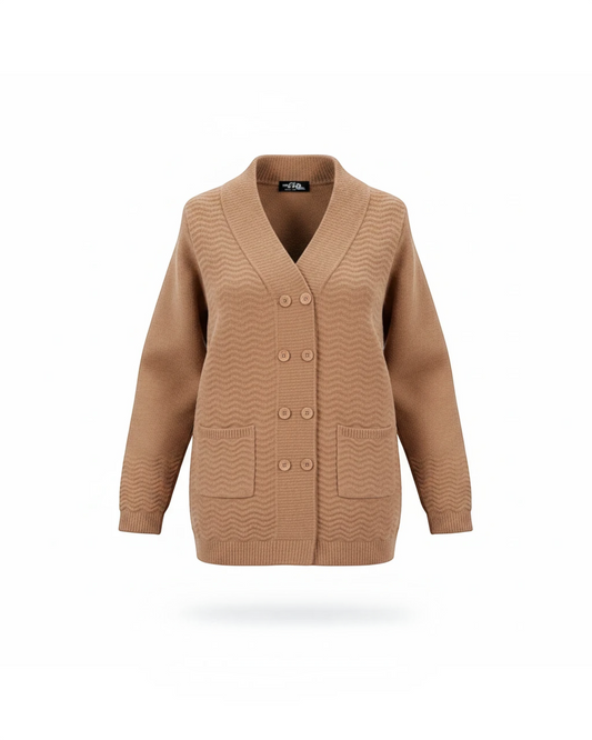 Cozy&Drape tan knit cardigan with a V-neck, double-breasted button front, wavy texture, and two front pockets.