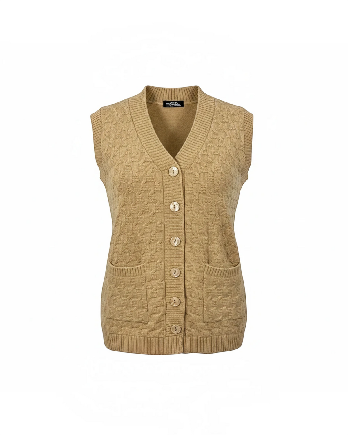 Cozy&Drape sleeveless cardigan sweater in tan with a textured cable knit pattern, V-neck, and front pockets.