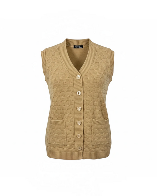Cozy&Drape sleeveless cardigan sweater in tan with a textured cable knit pattern, V-neck, and front pockets.