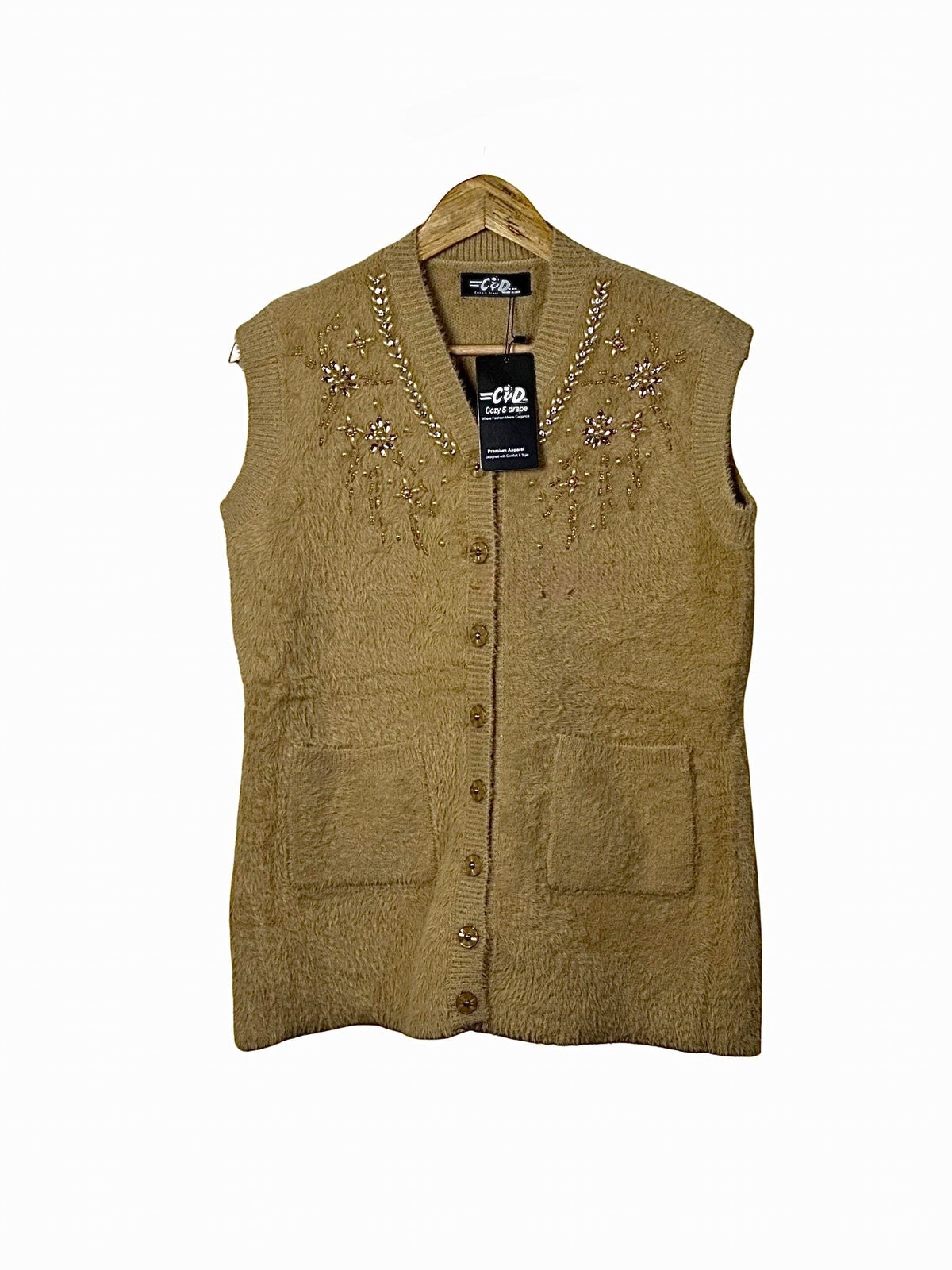 Cozy&Drape sleeveless knit cardigan in tan with V-neck, shimmering beadwork embroidery, and two front pockets.